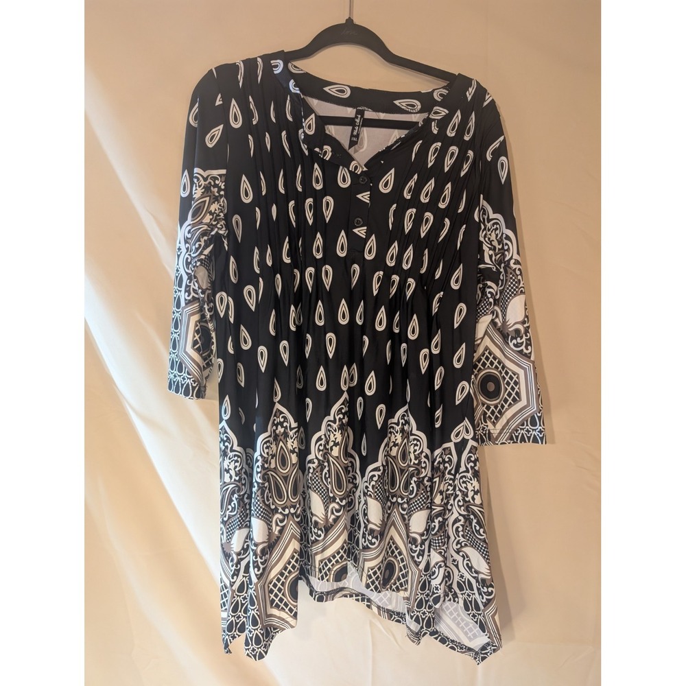 White Mark 1XL Black & White Boho Tunic Dress Geometric Paisley Print